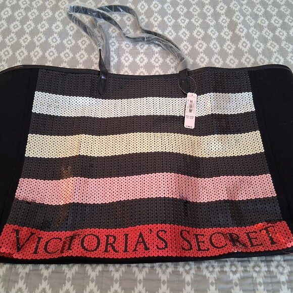 Victoria’s Secret Black Stripe Sequin Bling Large Tote Bag Open Top Beach Travel - Picture 3 of 8